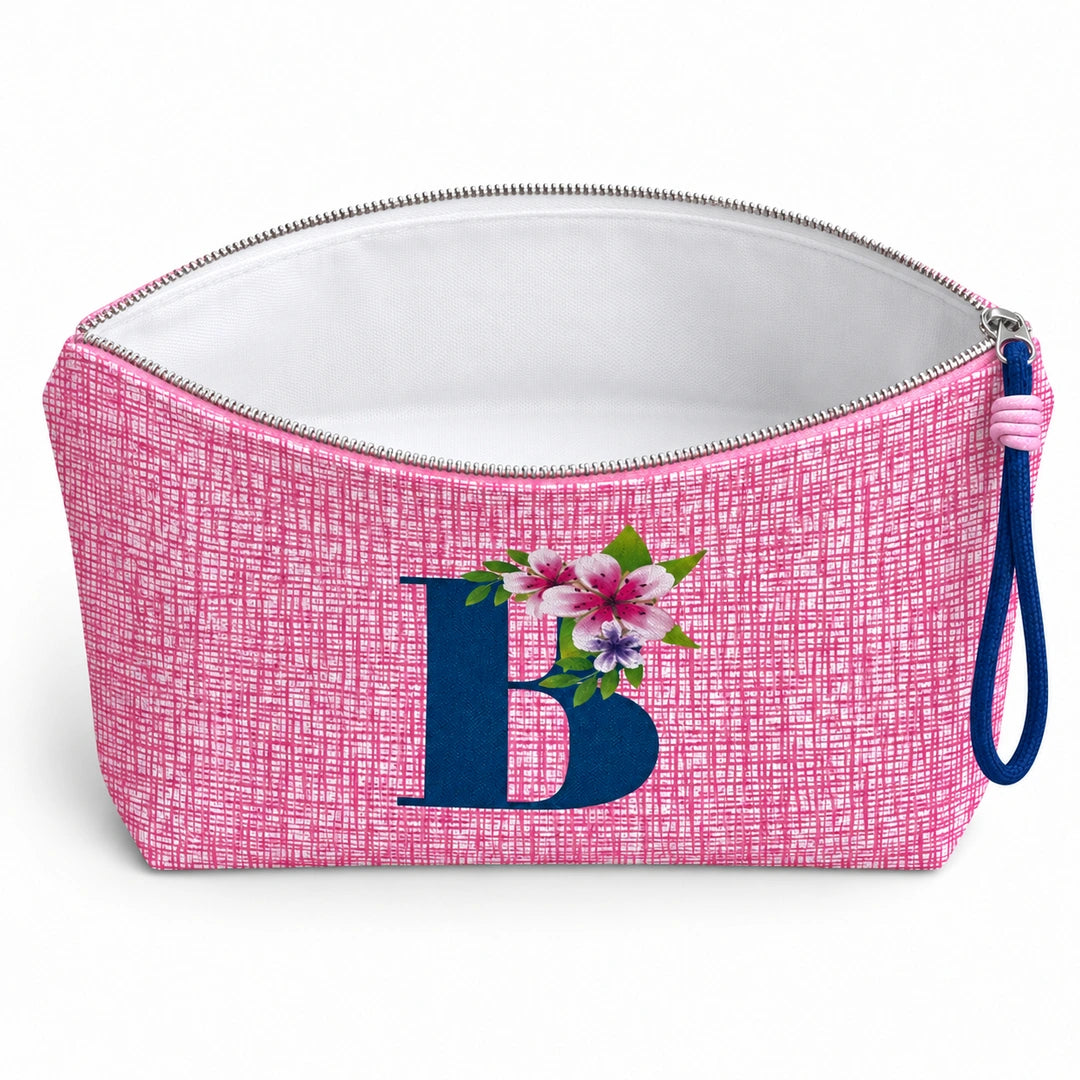 Bolsa Vera rosa letra B — aberta e vazia, interior branco sem forro nem divisórias