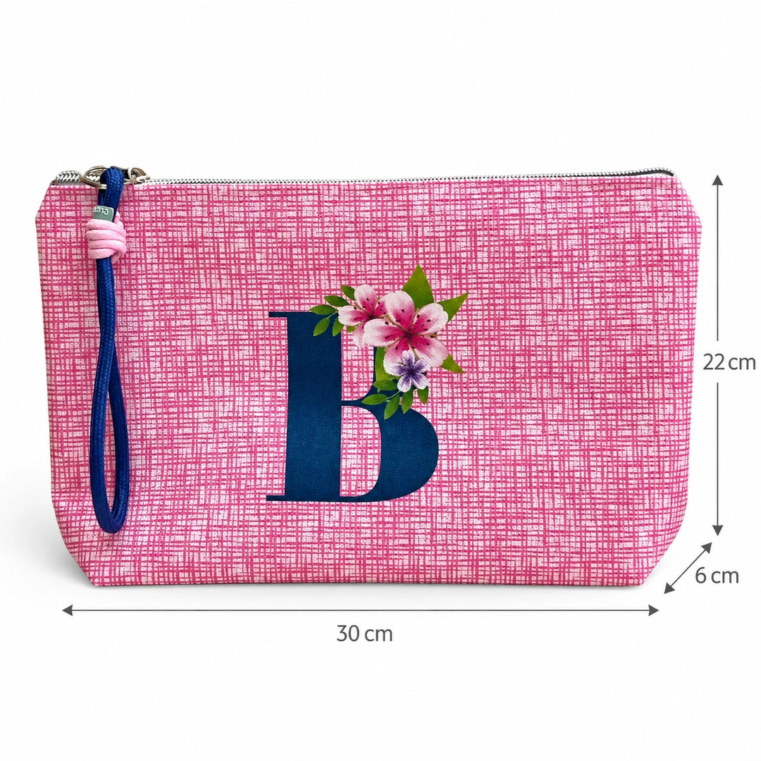 Bolsa Vera rosa letra B — medidas 30 × 22 × 6 cm