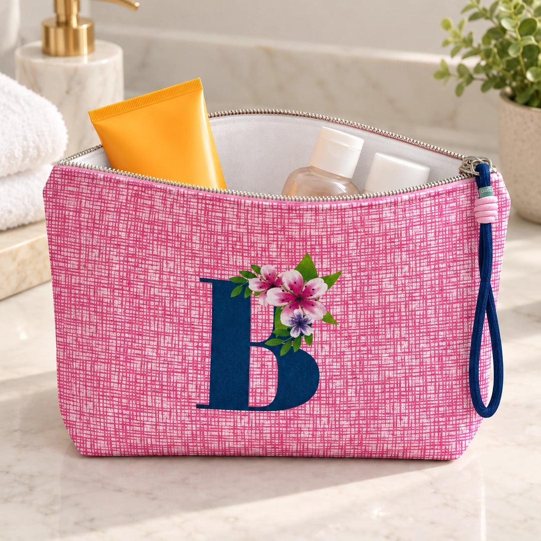 Bolsa Vera rosa letra B — aberta em utilização, com interior branco