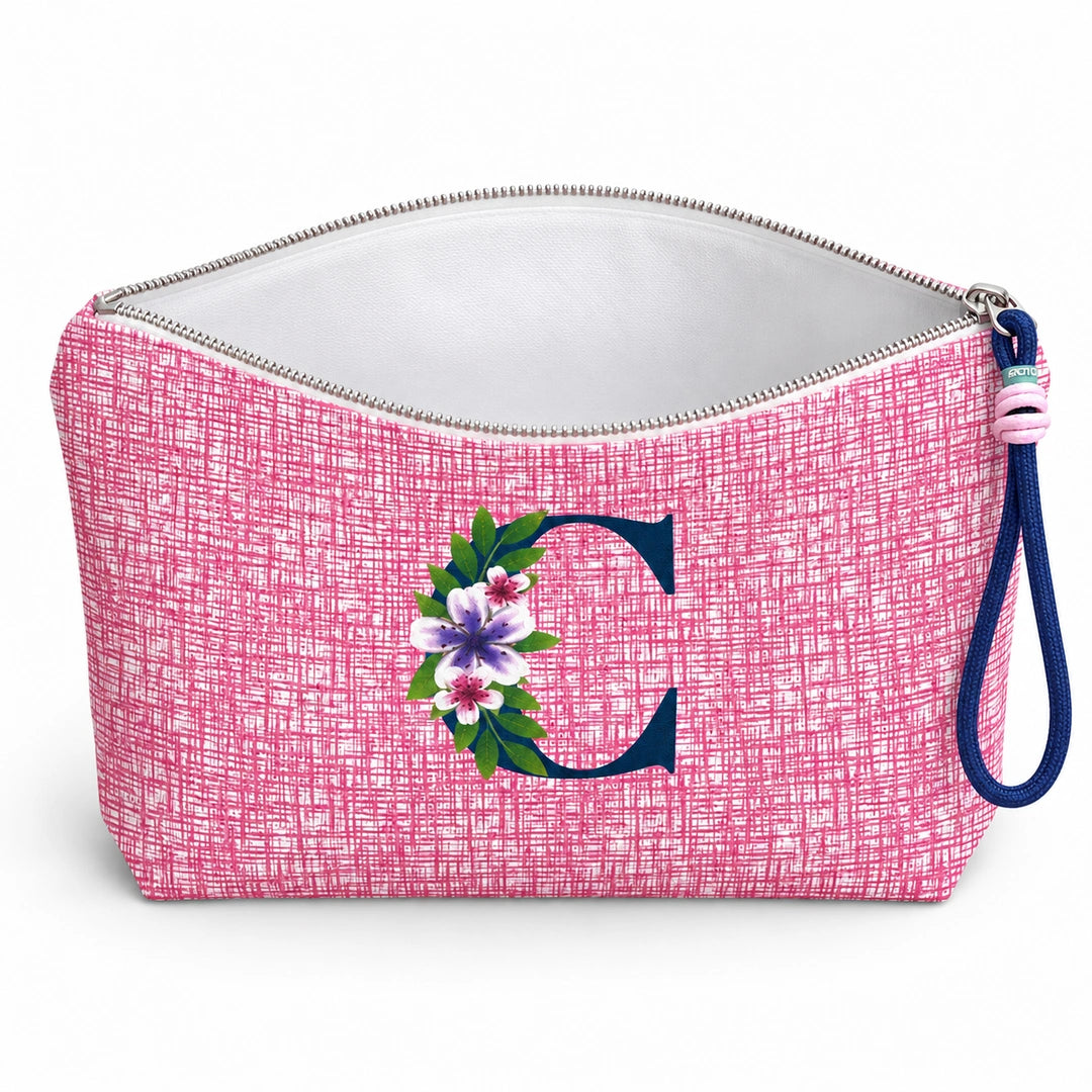 Bolsa Vera rosa letra C — aberta e vazia, interior branco sem forro nem divisórias