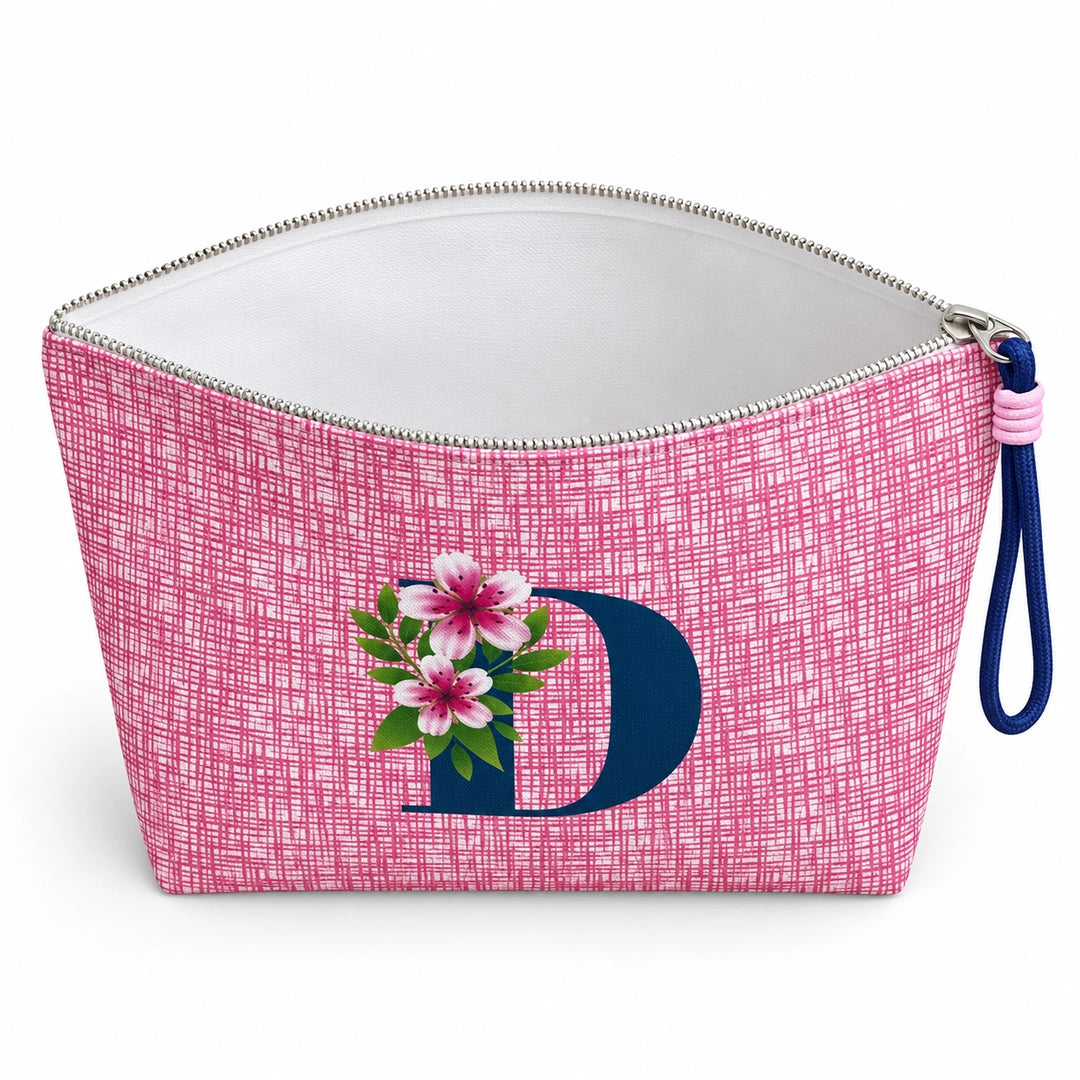 Bolsa Vera rosa letra D — aberta e vazia, interior branco sem forro nem divisórias