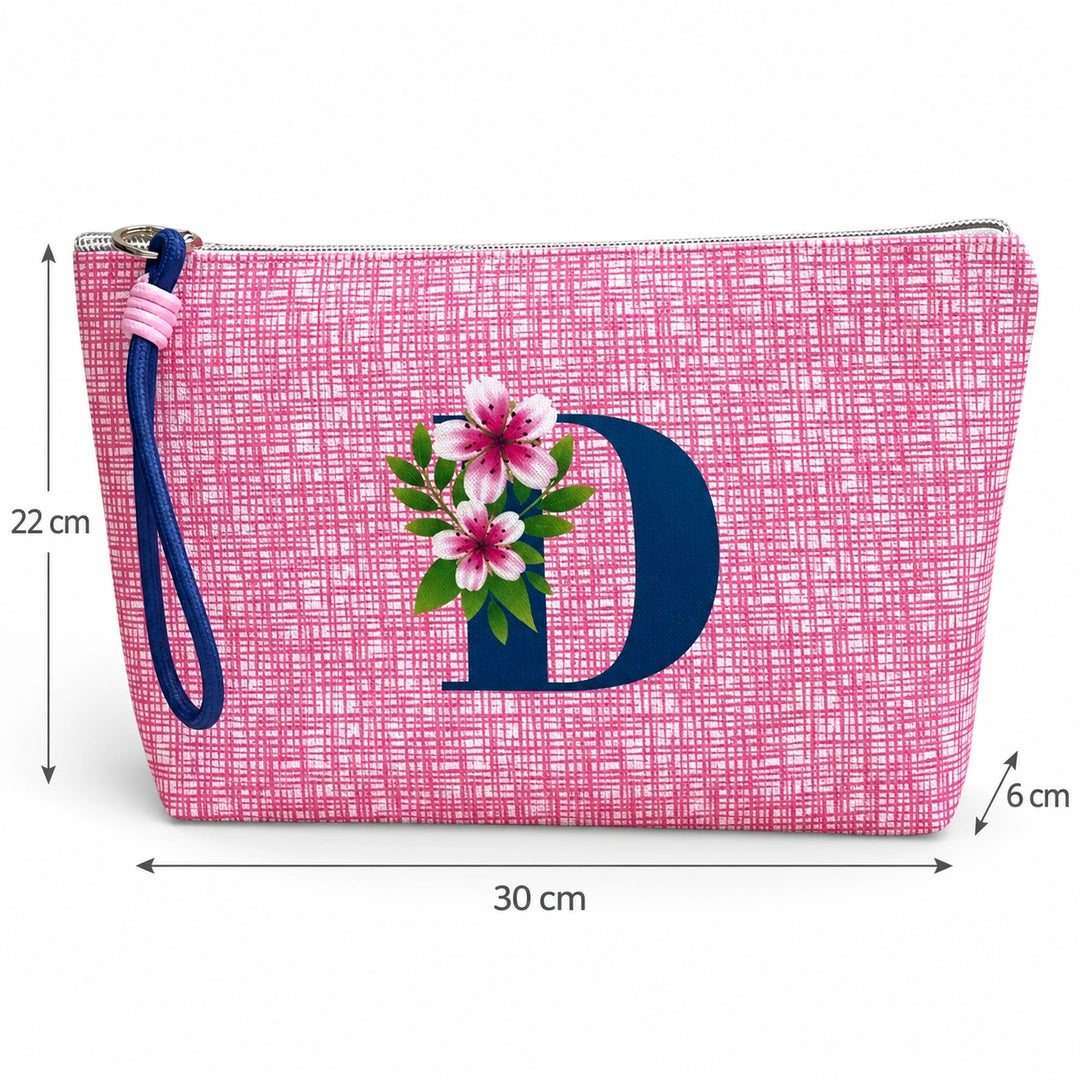 Bolsa Vera rosa letra D — medidas 30 × 22 × 6 cm