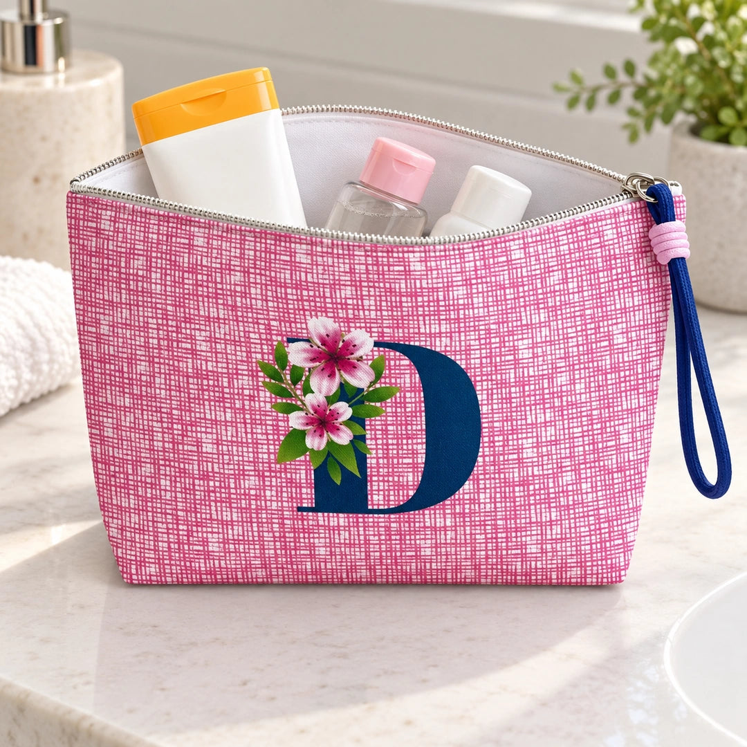 Bolsa Vera rosa letra D — aberta em utilização, com interior branco