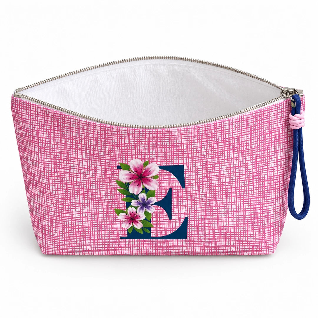 Bolsa Vera rosa letra E — aberta e vazia, interior branco sem forro nem divisórias