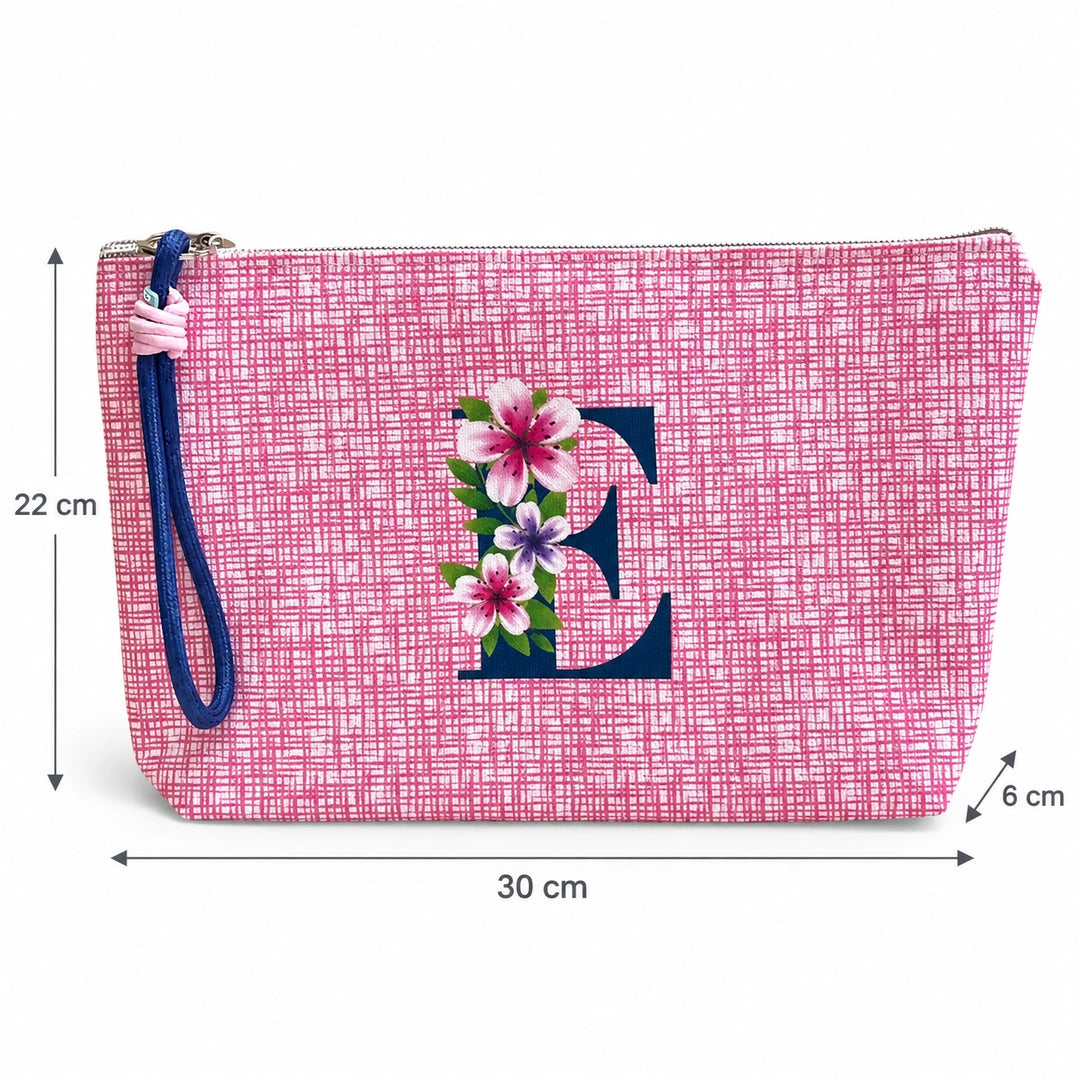 Bolsa Vera rosa letra E — medidas 30 × 22 × 6 cm