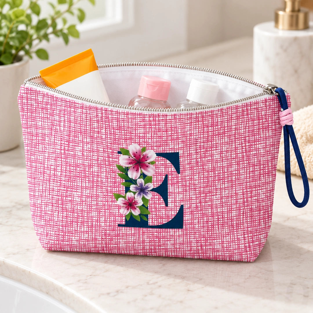 Bolsa Vera rosa letra E — aberta em utilização, com interior branco