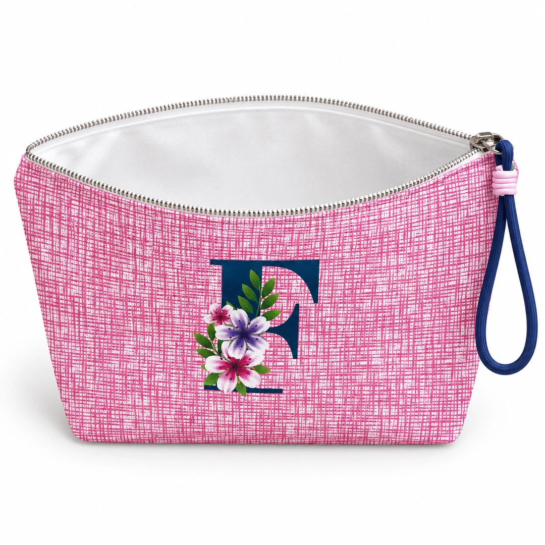 Bolsa Vera rosa letra F — aberta e vazia, interior branco sem forro nem divisórias