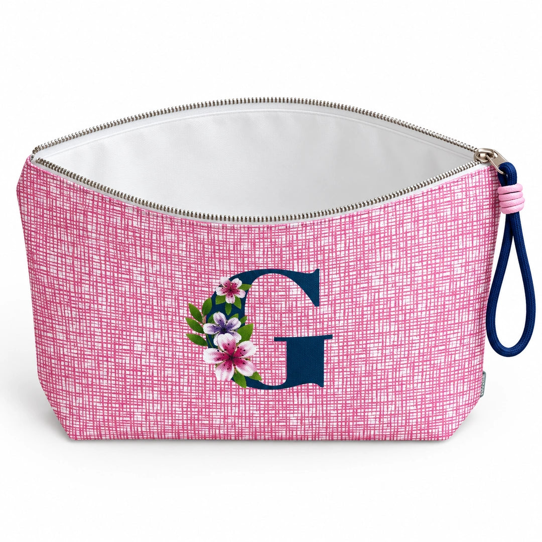 Bolsa Vera rosa letra G — aberta e vazia, interior branco sem forro nem divisórias