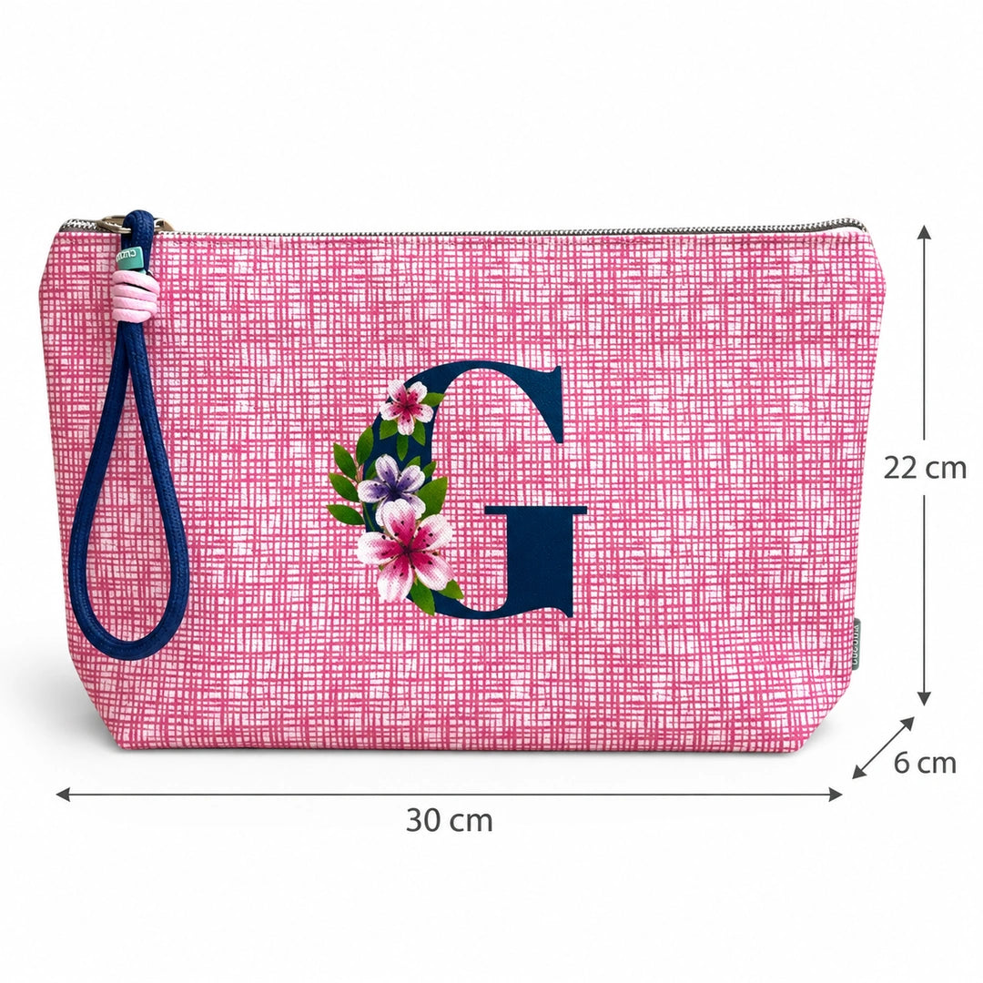 Bolsa Vera rosa letra G — medidas 30 × 22 × 6 cm