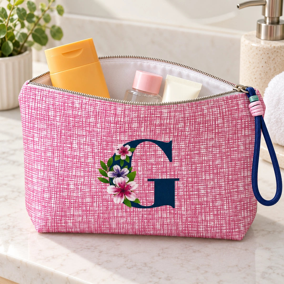 Bolsa Vera rosa letra G — aberta em utilização, com interior branco