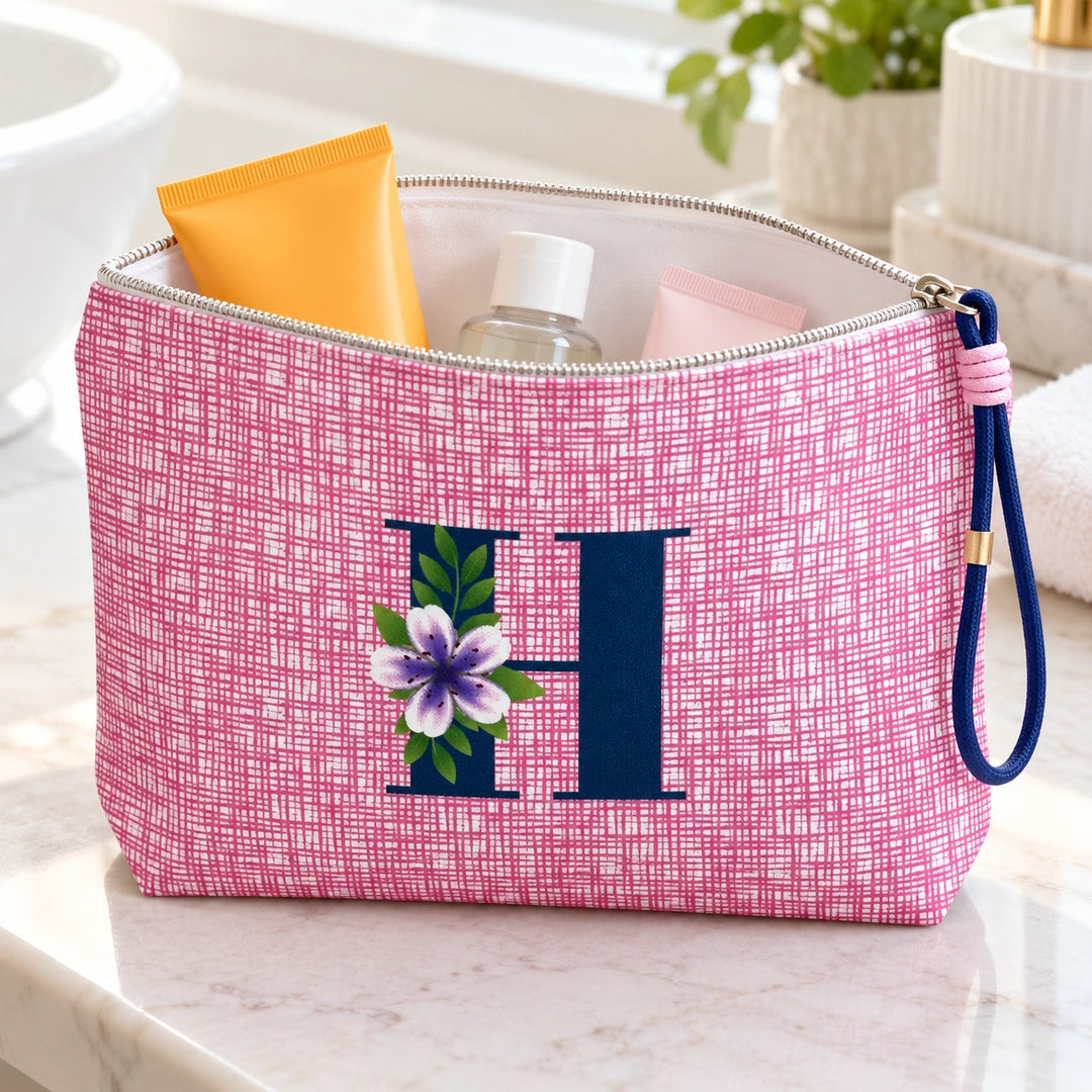 Bolsa Vera rosa letra H — aberta em utilização, com interior branco
