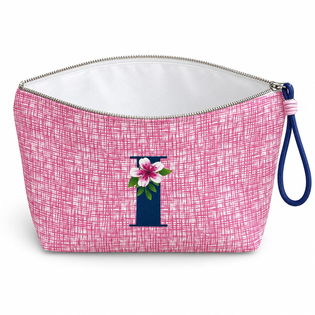 Bolsa Vera rosa letra I — aberta e vazia, interior branco sem forro nem divisórias