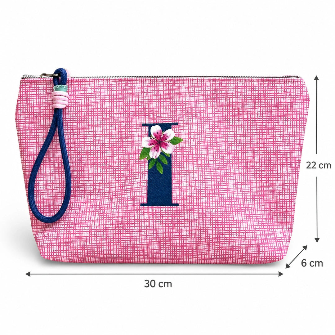 Bolsa Vera rosa letra I — medidas 30 × 22 × 6 cm
