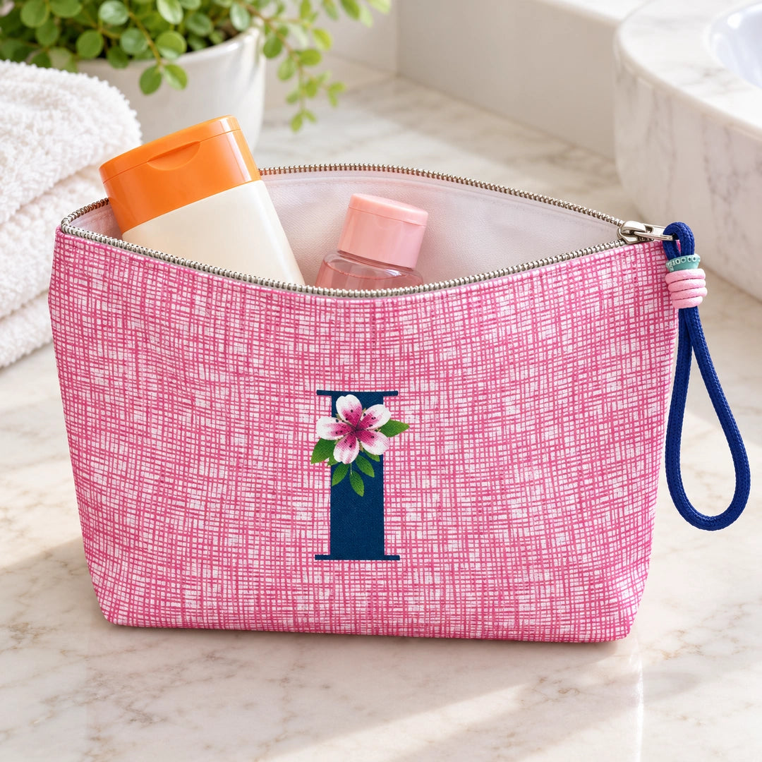 Bolsa Vera rosa letra I — aberta em utilização, com interior branco