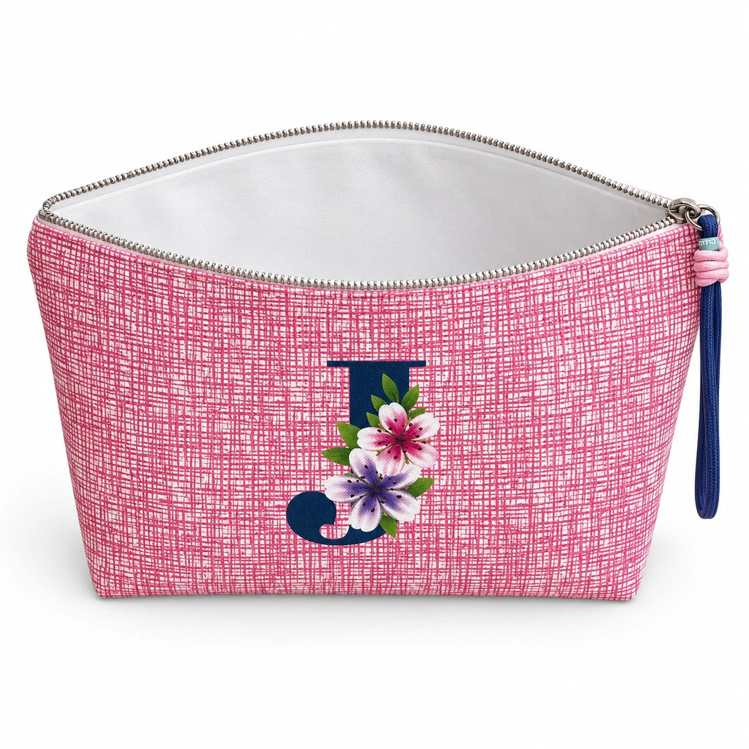 Bolsa Vera rosa letra J — aberta e vazia, interior branco sem forro nem divisórias