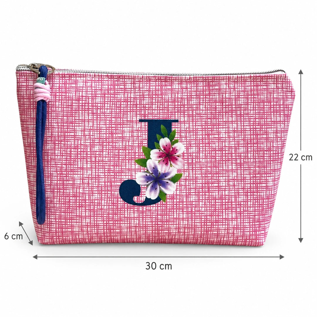 Bolsa Vera rosa letra J — medidas 30 × 22 × 6 cm