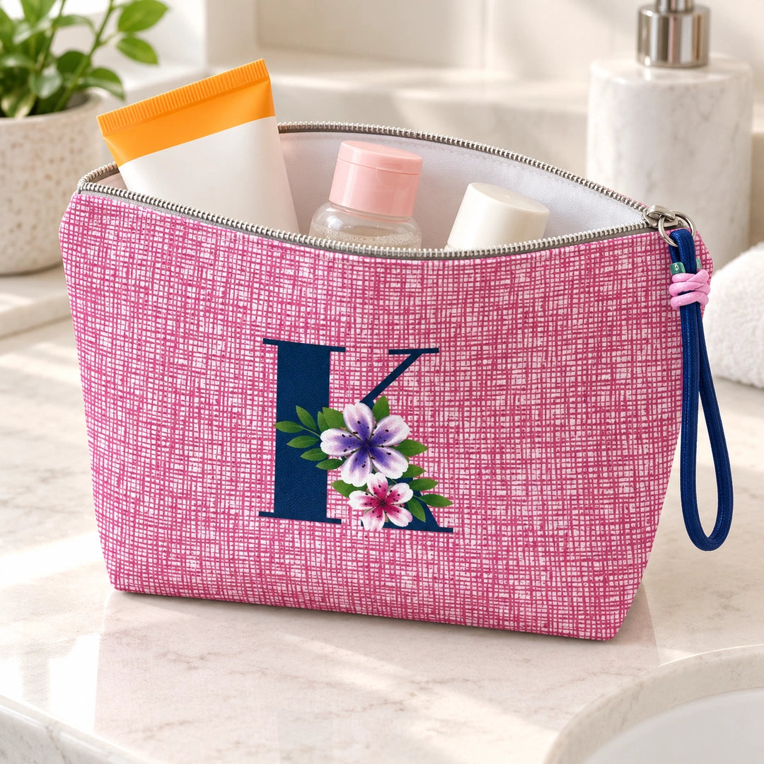 Bolsa Vera rosa letra K — aberta em utilização, com interior branco