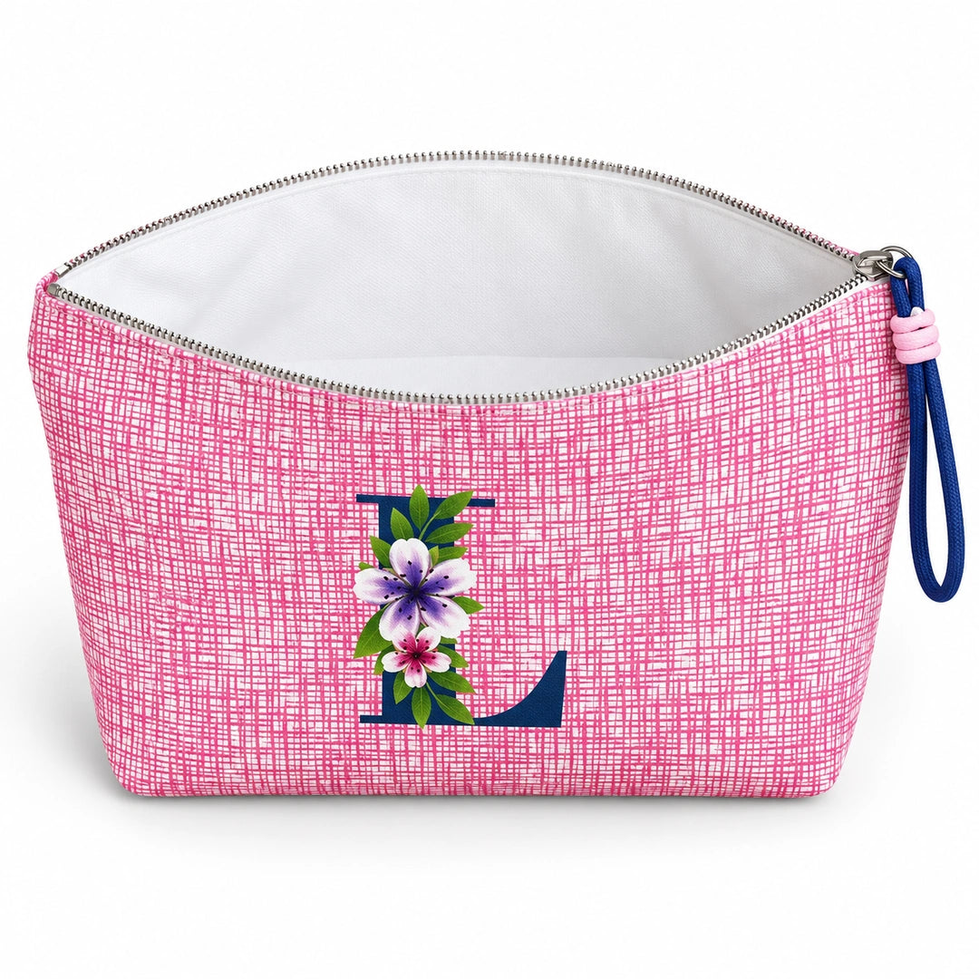 Bolsa Vera rosa letra L — aberta e vazia, interior branco sem forro nem divisórias