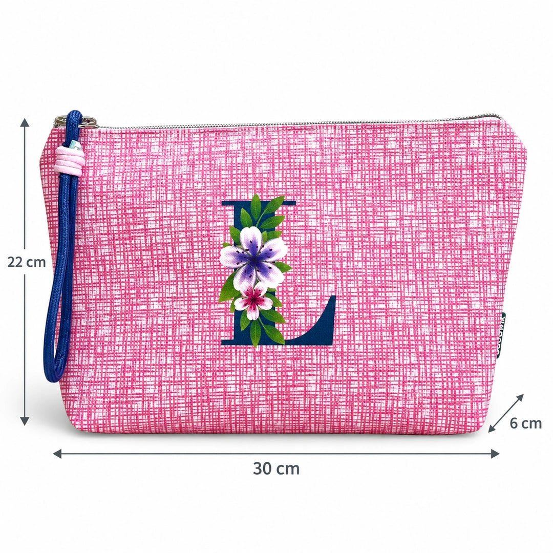 Bolsa Vera rosa letra L — medidas 30 × 22 × 6 cm