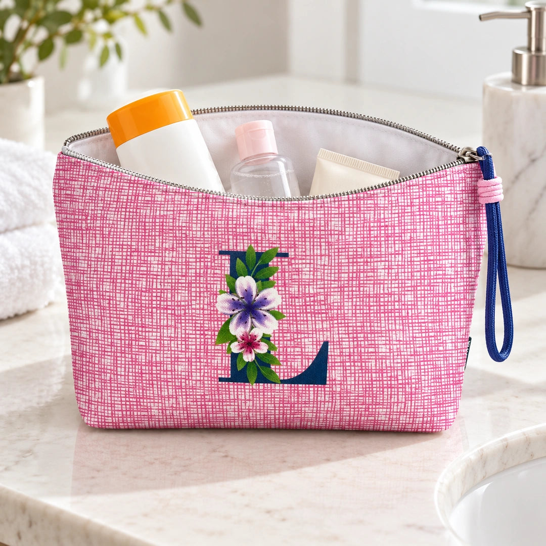 Bolsa Vera rosa letra L — aberta em utilização, com interior branco