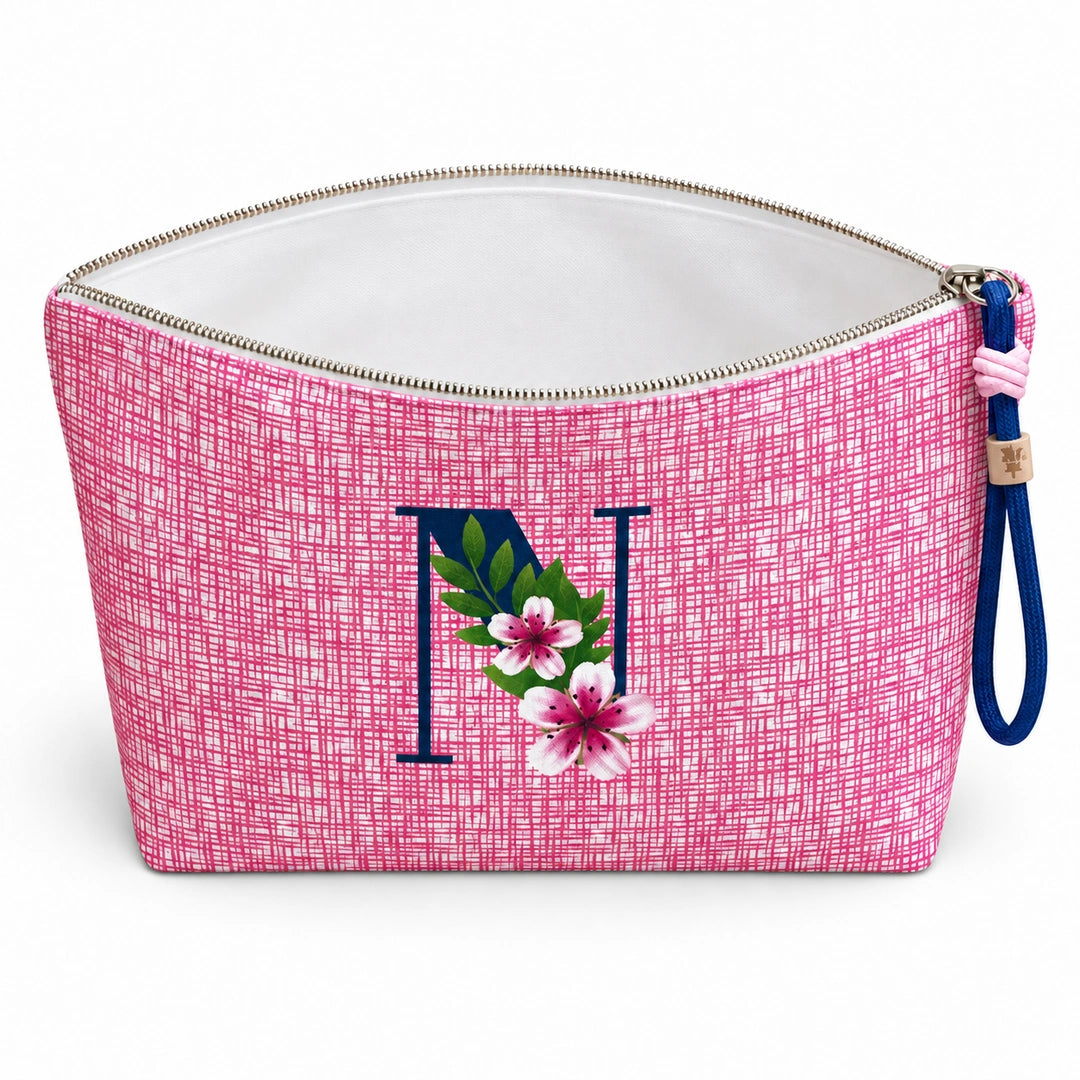 Bolsa Vera rosa letra N — aberta e vazia, interior branco sem forro nem divisórias
