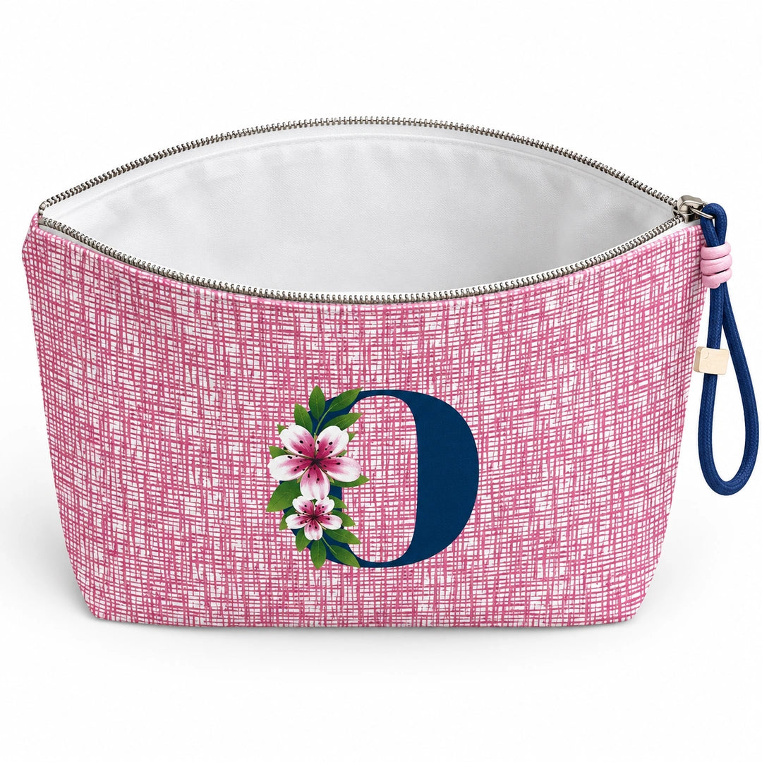 Bolsa Vera rosa letra O — aberta e vazia, interior branco sem forro nem divisórias