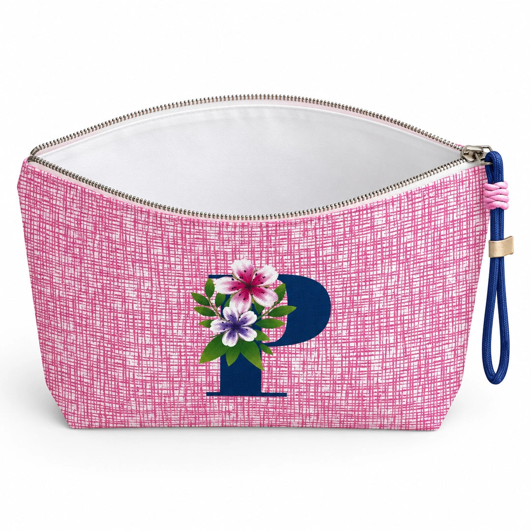 Bolsa Vera rosa letra P — aberta e vazia, interior branco sem forro nem divisórias