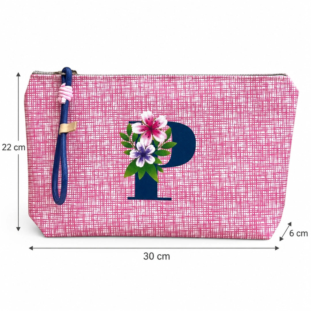 Bolsa Vera rosa letra P — medidas 30 × 22 × 6 cm
