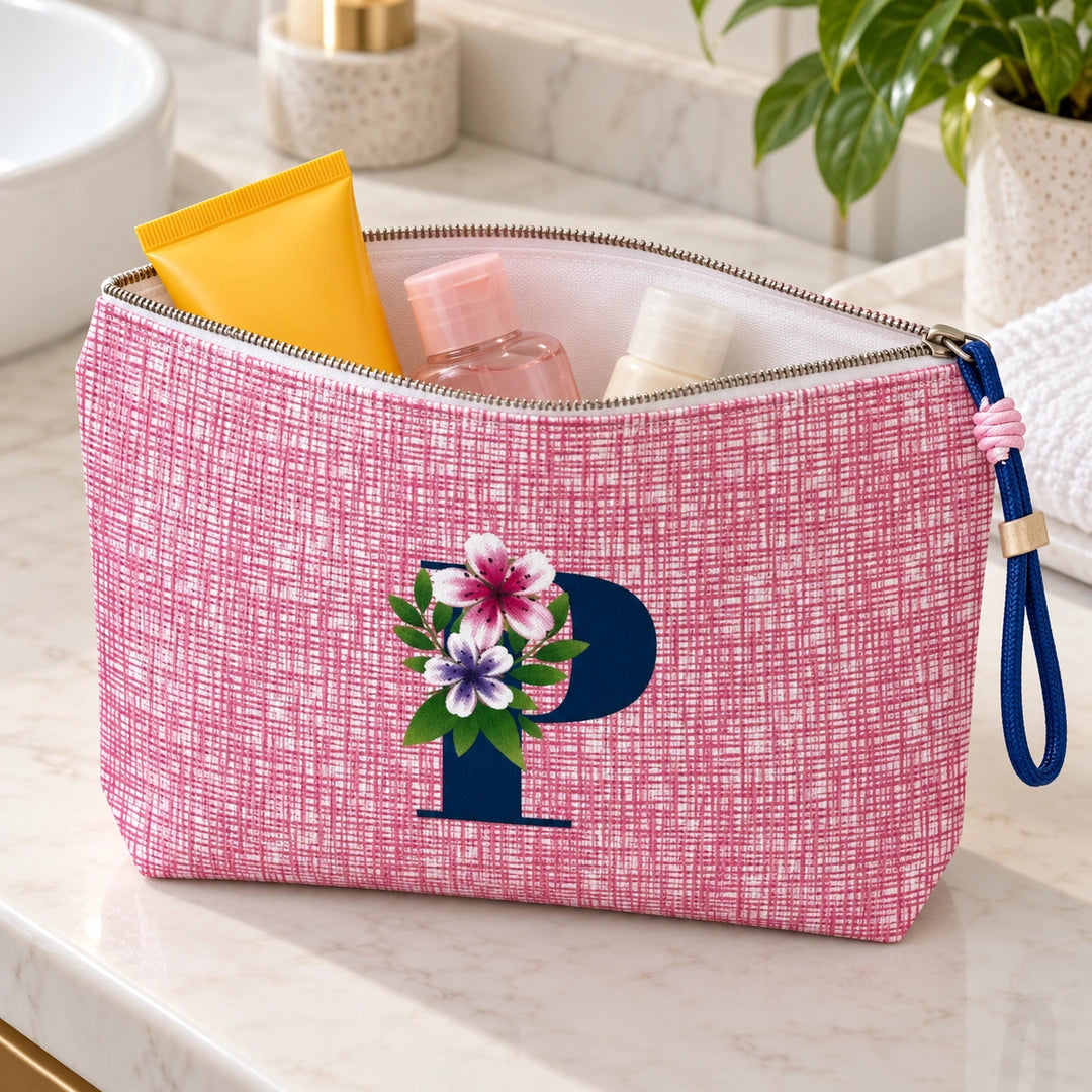 Bolsa Vera rosa letra P — aberta em utilização, com interior branco