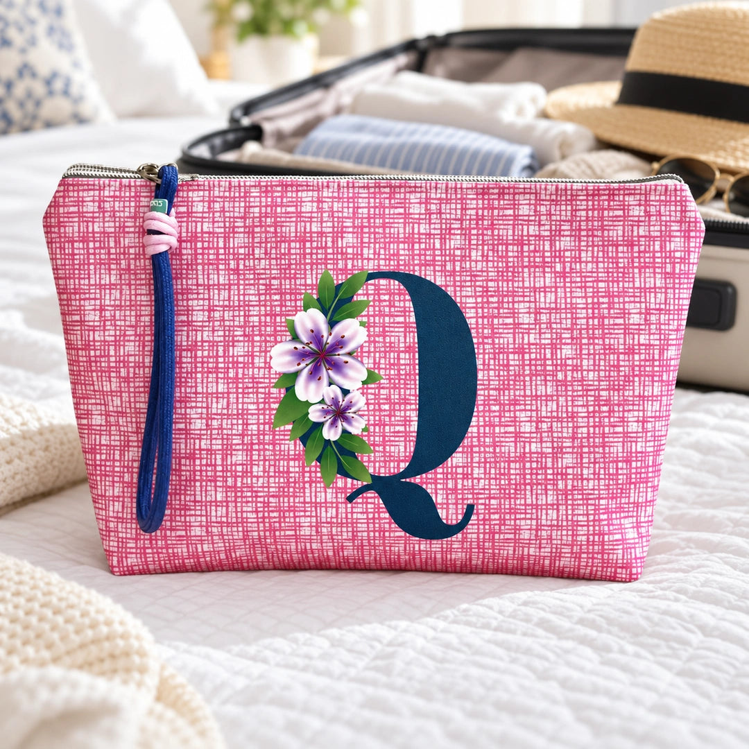 Bolsa Vera rosa letra Q — ambiente de viagem.