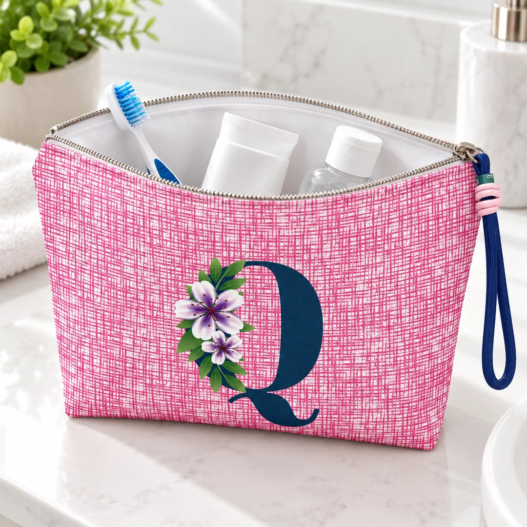 Bolsa Vera rosa letra Q — em utilização com artigos de higiene.