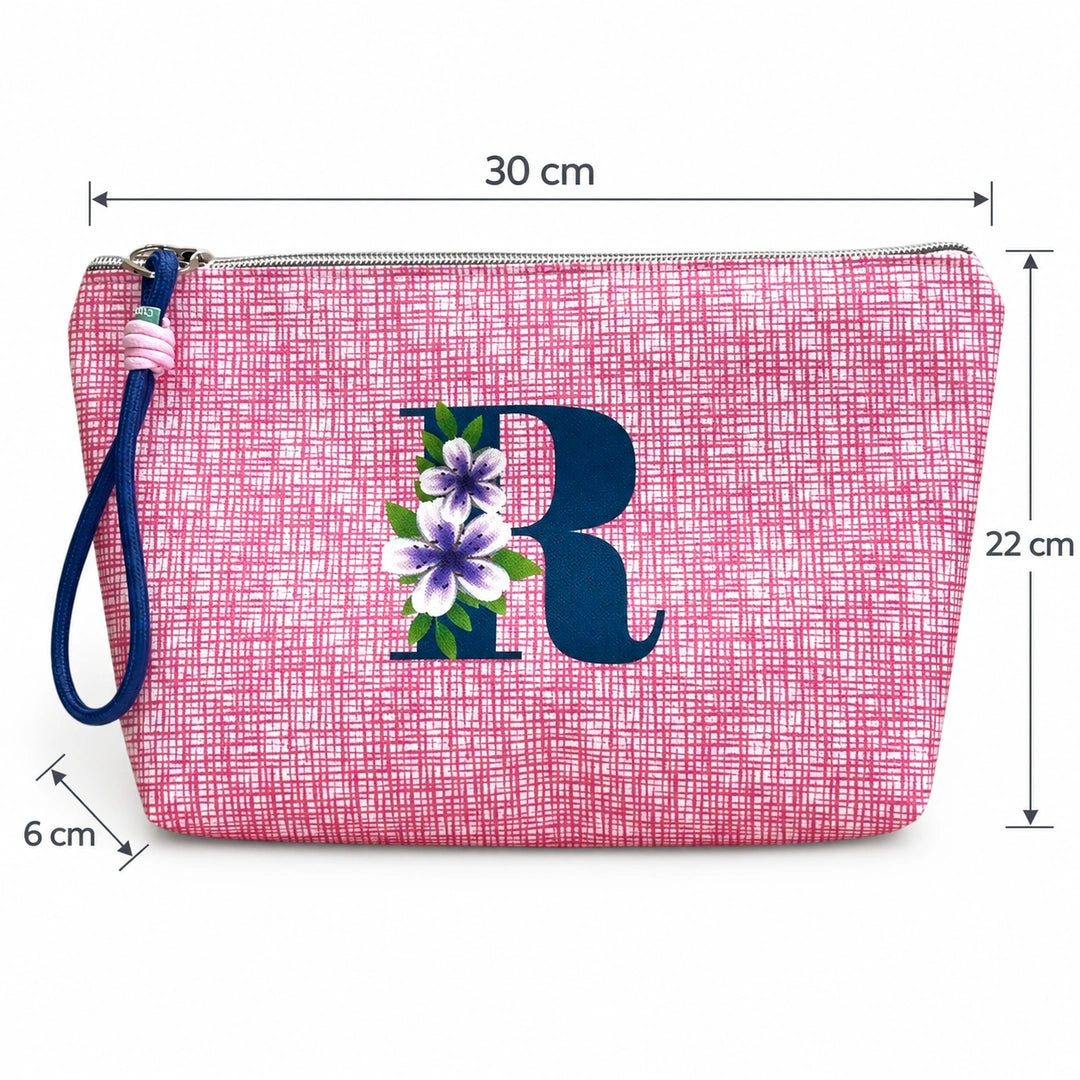 Bolsa Vera rosa letra R — medidas 30 × 22 × 6 cm