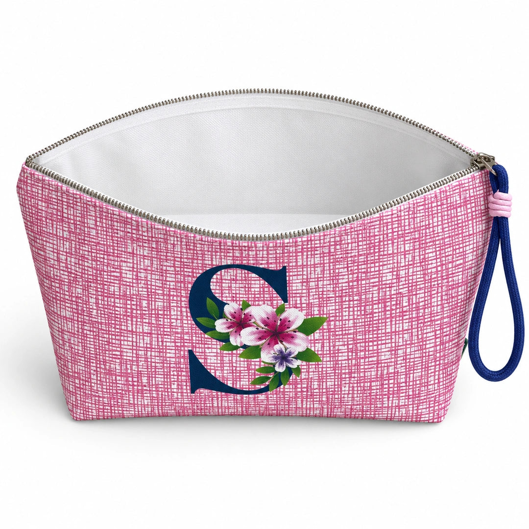 Bolsa Vera rosa letra S — aberta e vazia, interior branco sem forro nem divisórias