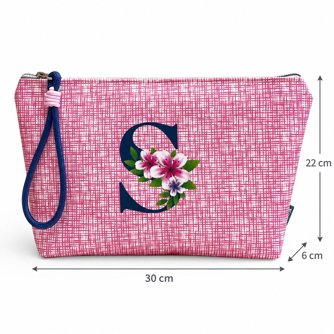 Bolsa Vera rosa letra S — medidas 30 × 22 × 6 cm