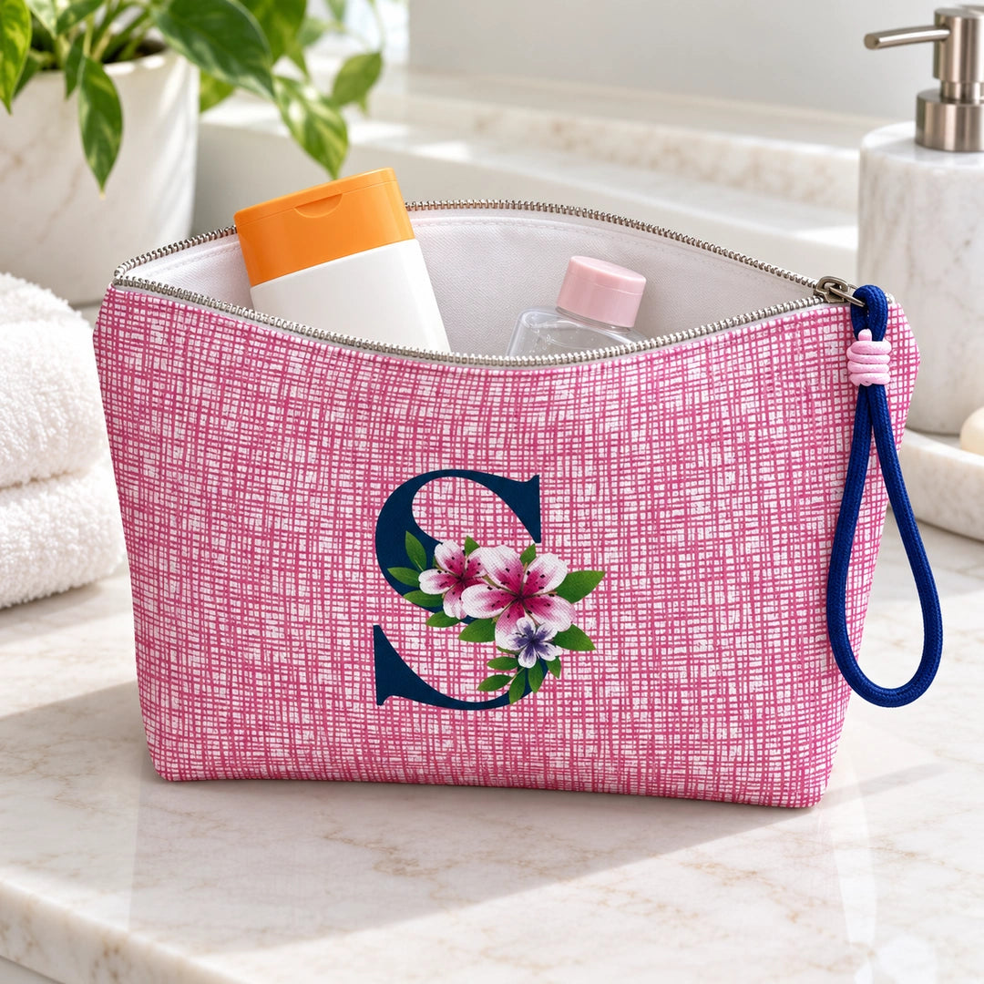 Bolsa Vera rosa letra S — aberta em utilização, com interior branco