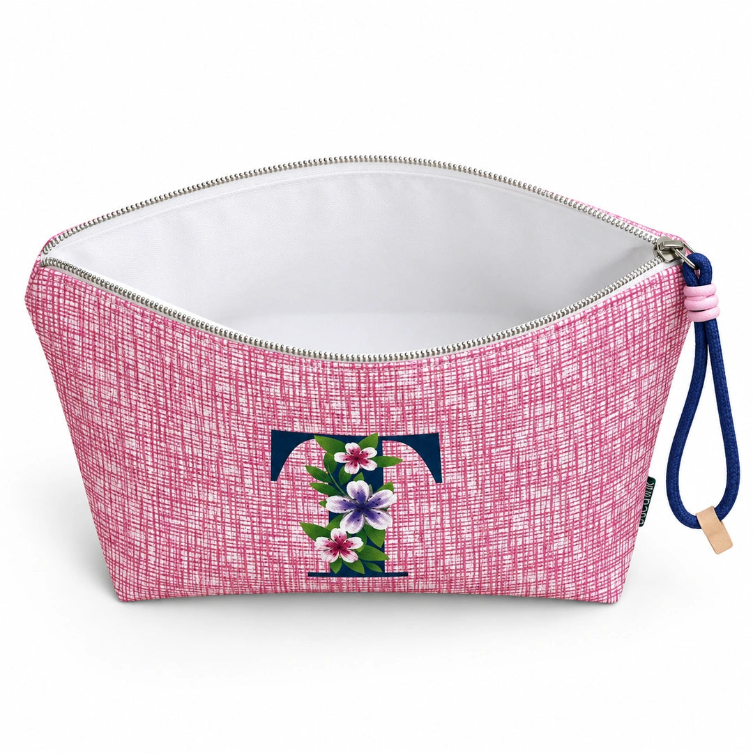 Bolsa Vera rosa letra T — aberta e vazia, interior branco sem forro nem divisórias