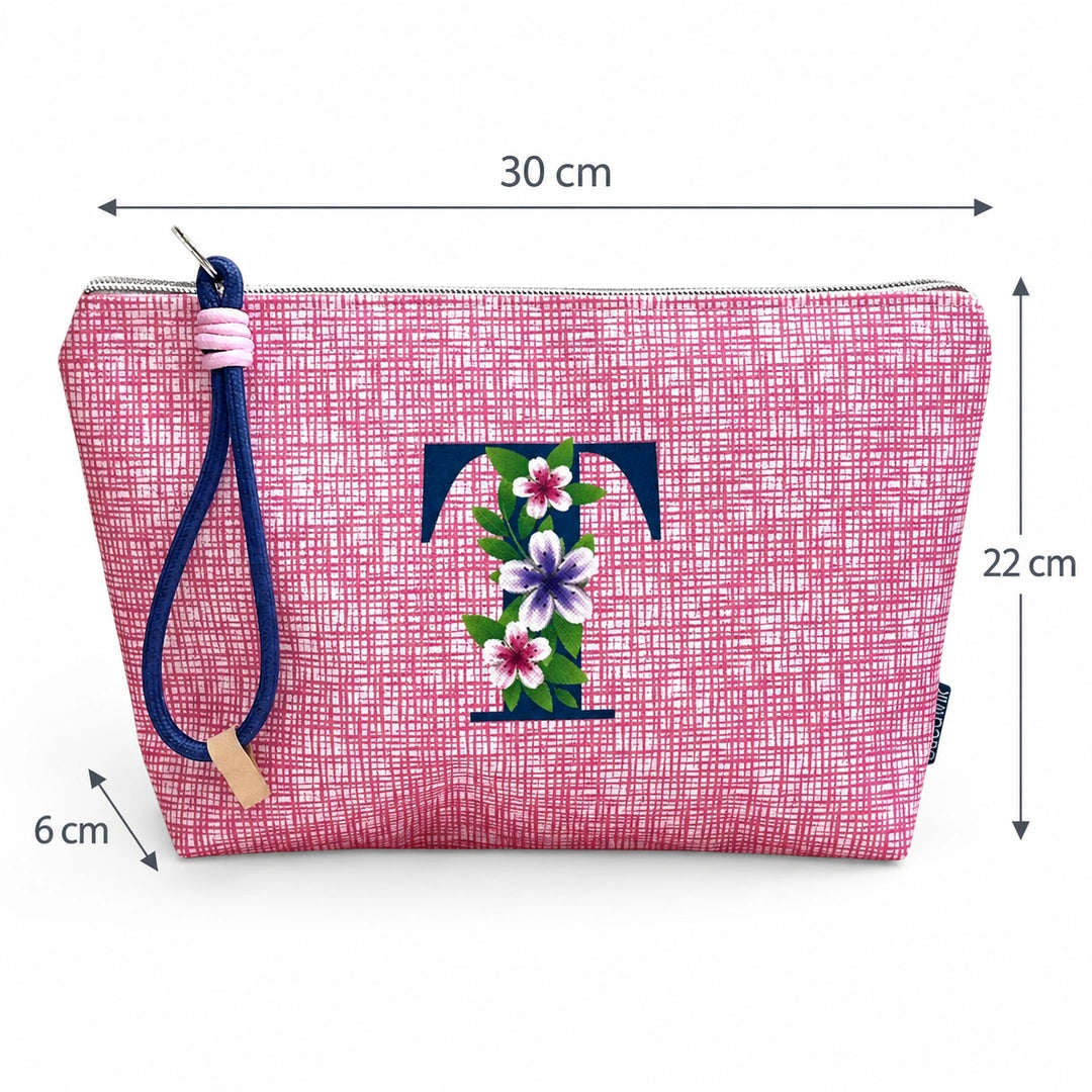 Bolsa Vera rosa letra T — medidas 30 × 22 × 6 cm