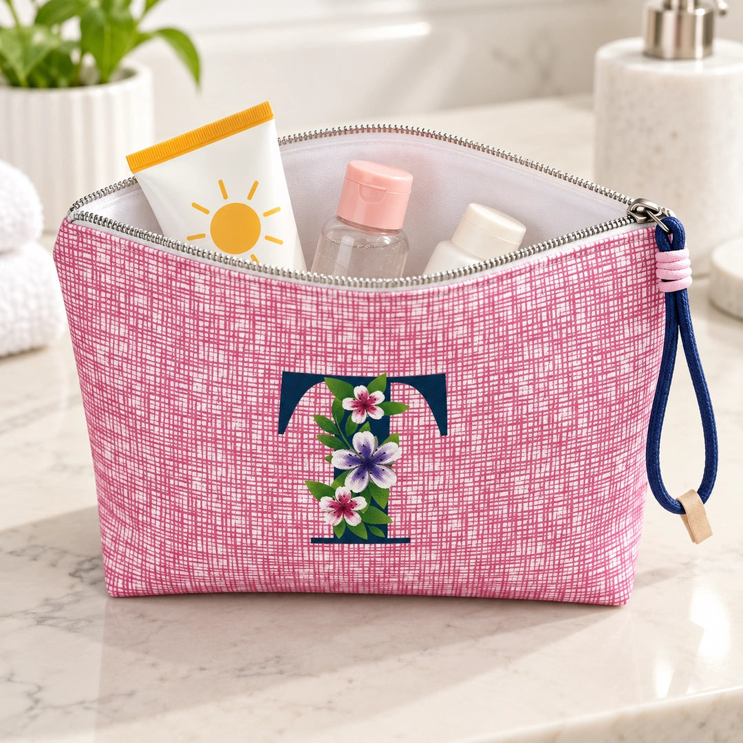Bolsa Vera rosa letra T — aberta em utilização, com interior branco
