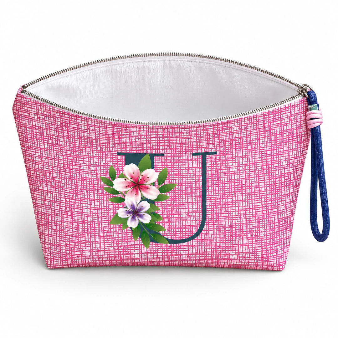 Bolsa Vera rosa letra U — aberta e vazia, interior branco sem forro e sem divisórias.