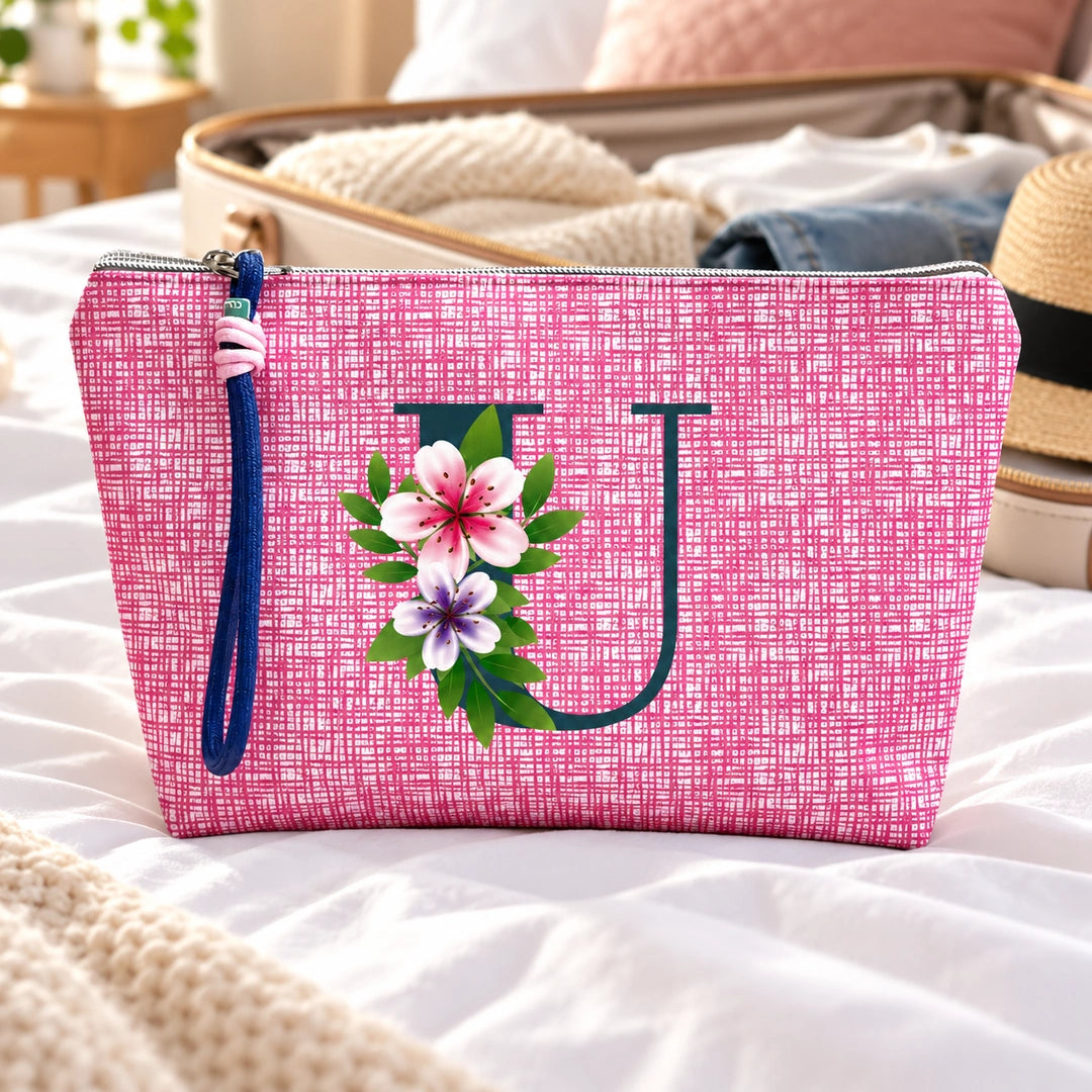 Bolsa Vera rosa letra U — ambiente de viagem.