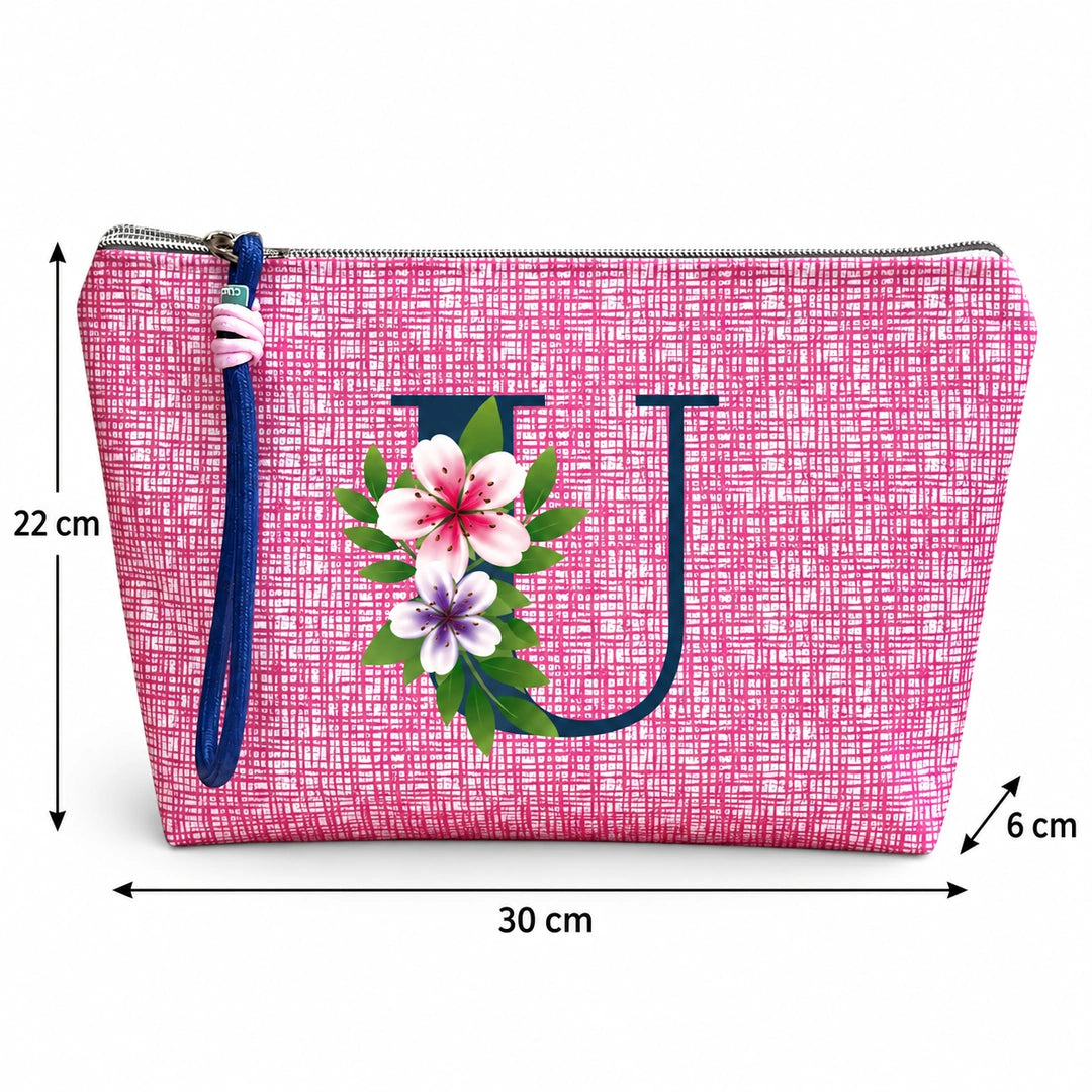 Bolsa Vera rosa letra U — medidas 30 × 22 × 6 cm.