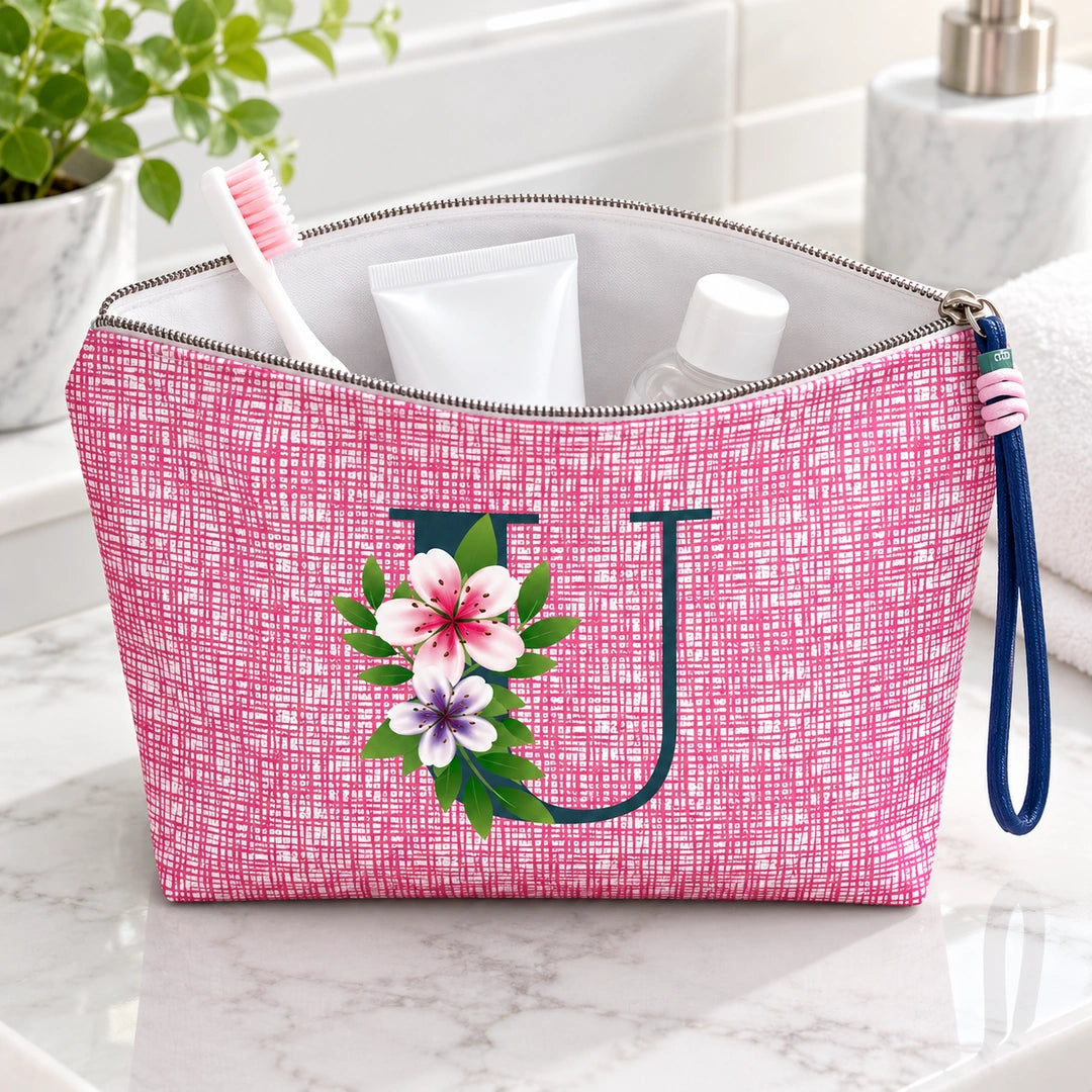 Bolsa Vera rosa letra U — em utilização com artigos de higiene.