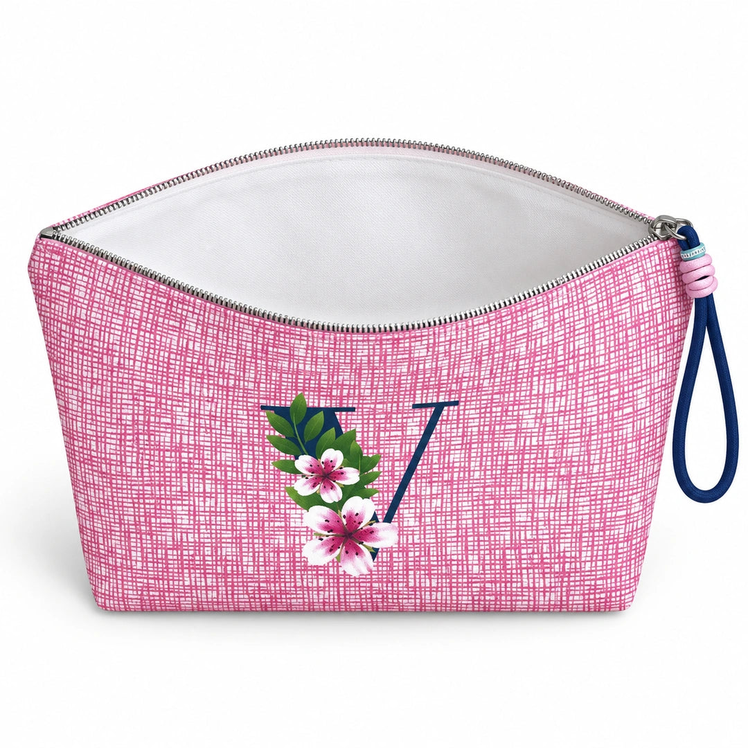 Bolsa Vera rosa letra V — aberta e vazia, interior branco sem forro nem divisórias