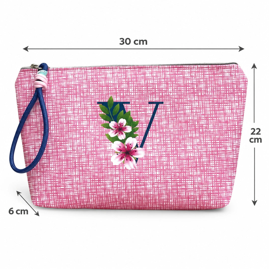 Bolsa Vera rosa letra V — medidas 30 × 22 × 6 cm