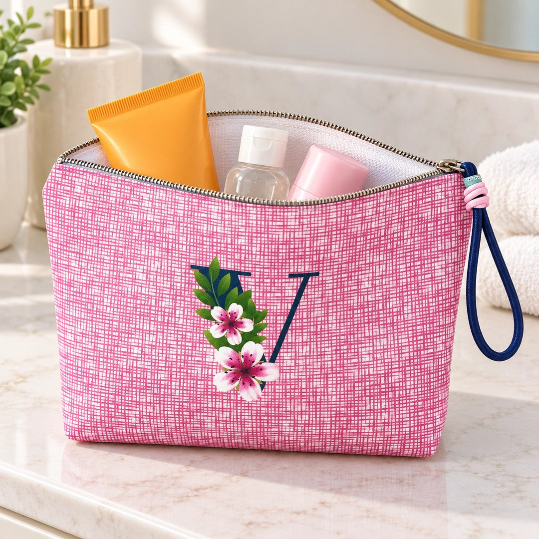 Bolsa Vera rosa letra V — aberta em utilização, com interior branco