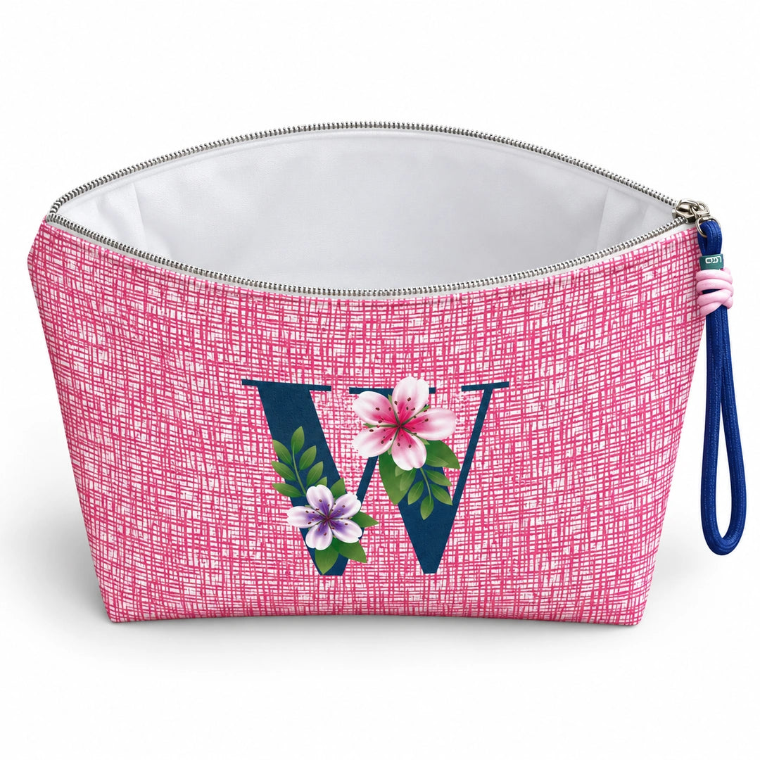 Bolsa Vera rosa letra W — aberta e vazia, interior branco sem forro e sem divisórias.