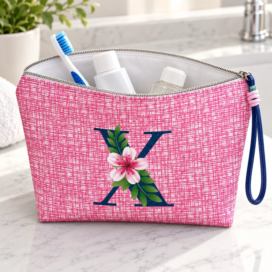 Bolsa Vera rosa letra X — em utilização com artigos de higiene.