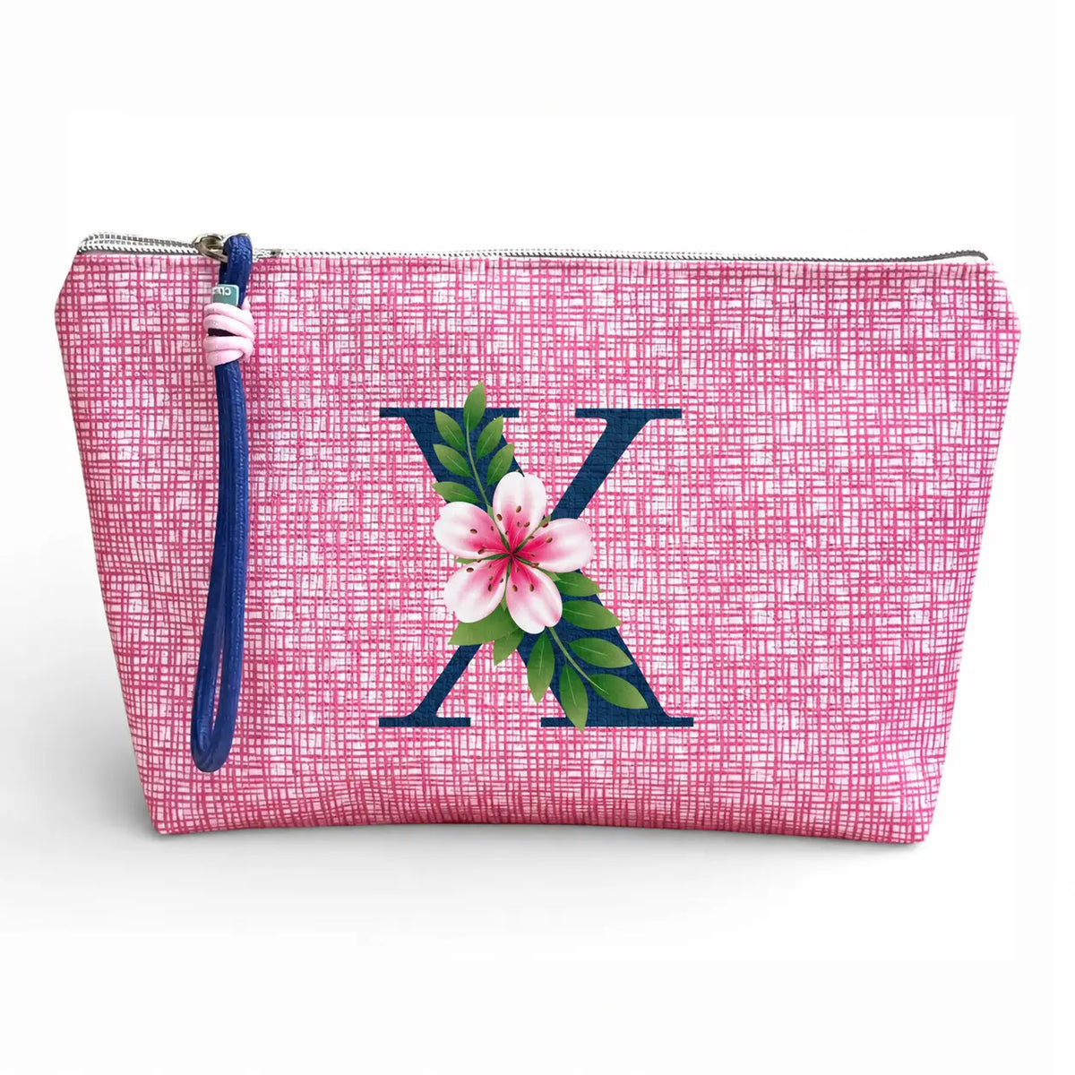 Necessaire grande impermeável Vera rosa com letra X, Cucawik