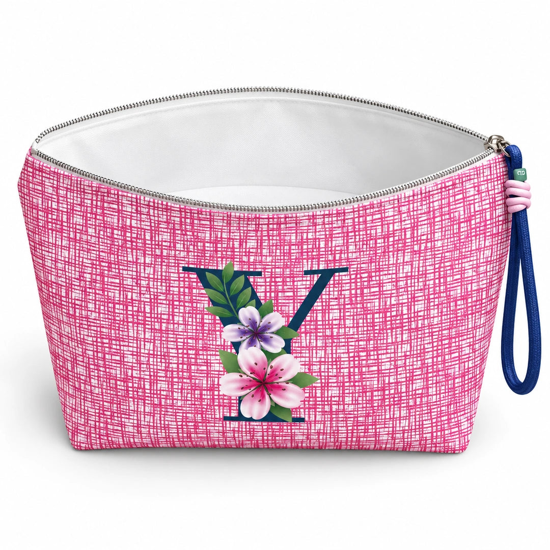 Bolsa Vera rosa letra Y — aberta e vazia, interior branco sem forro e sem divisórias.
