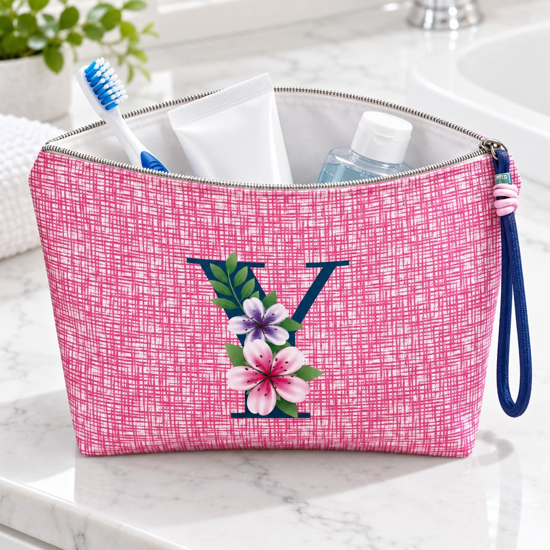 Bolsa Vera rosa letra Y — em utilização com artigos de higiene.